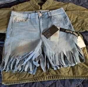 High Rise Fringe Cut Denim Hippie Shorts Skinny Fit Stud Detail Pockets